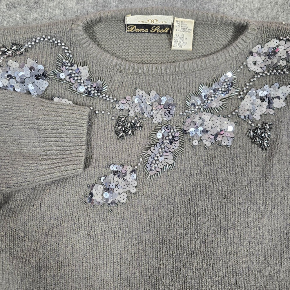 Vtg Dana Scott Sequin Beaded Silk Angora Rabbit Hair Sweater Womens L Gray Knit